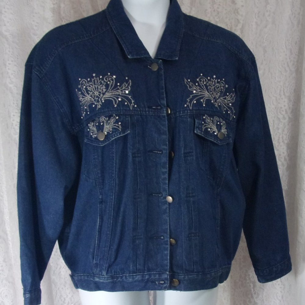 Carole Little vintage Oversize Blue Denim Silver embroidery Jacket